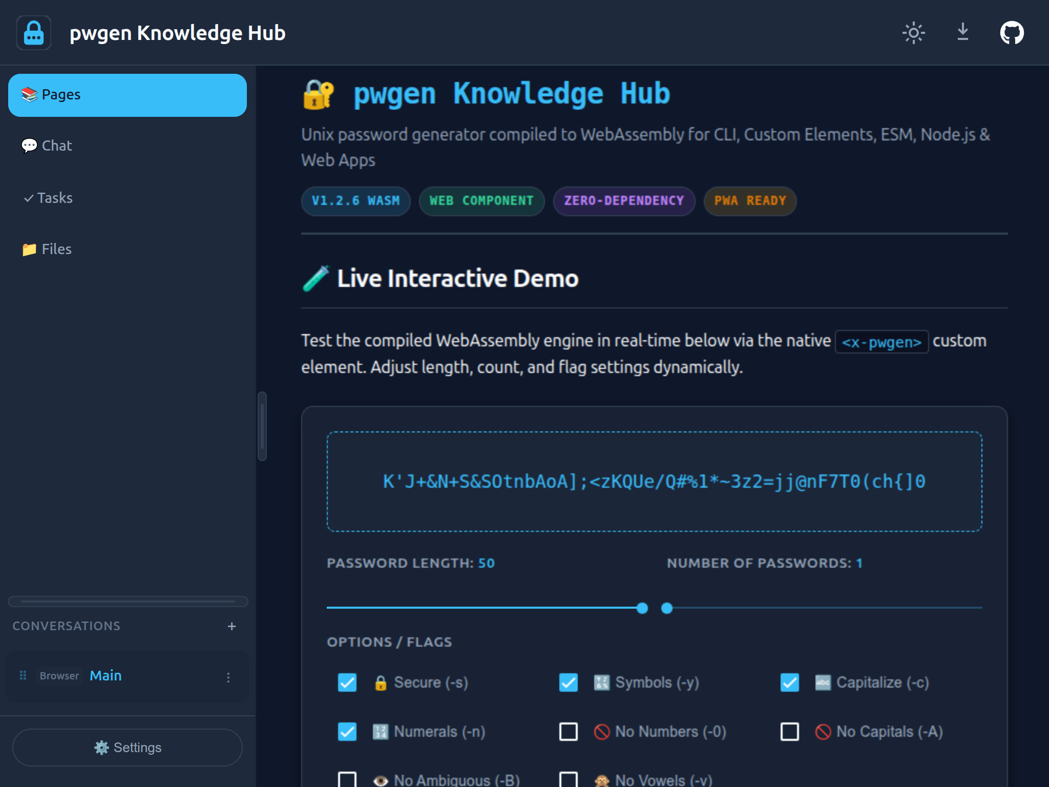 pwgen Knowledge Hub screenshot