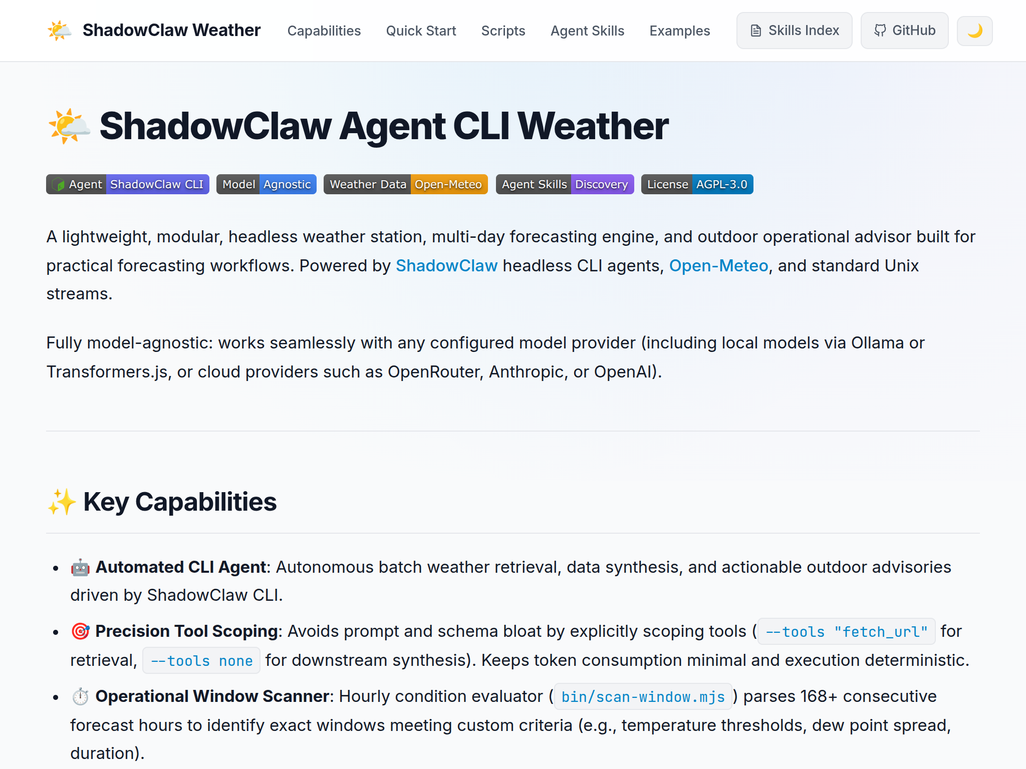 ShadowClaw Agent CLI Weather documentation screenshot